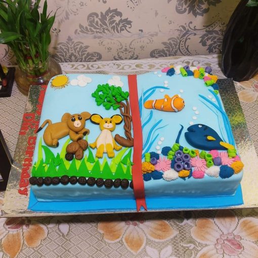 Animal in Book Theme Fondant Cake