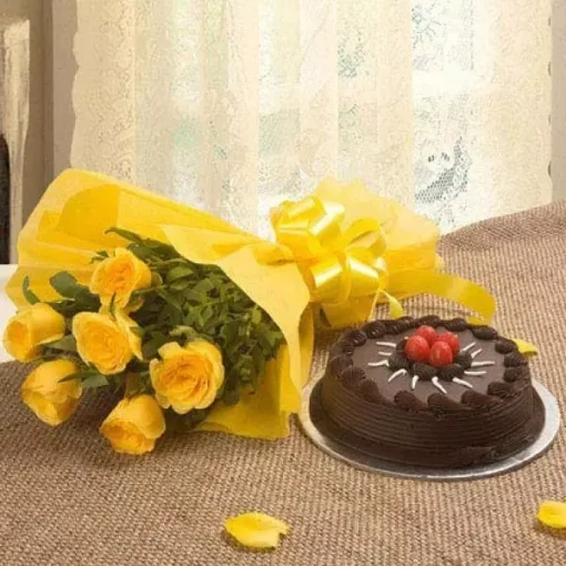 Chocolate Cake With 6 Yellow Roses Bunch