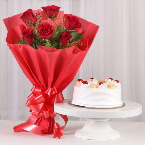 Red Roses With Pineapple Cake