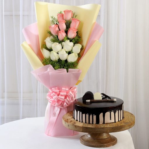 Pink & White Roses & Choco Cream Cake