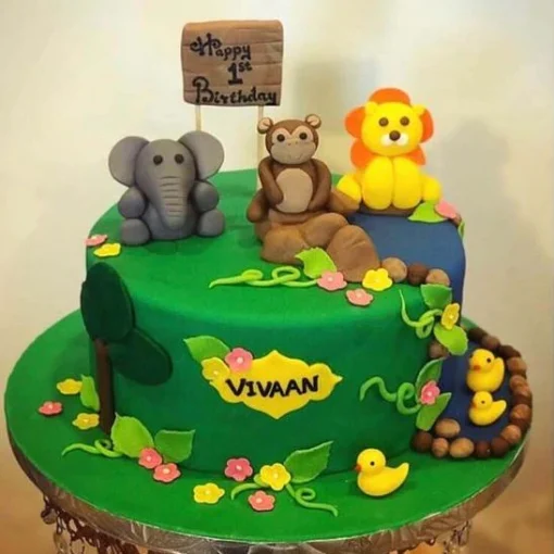 Round Greenish Jungle Theme Cake